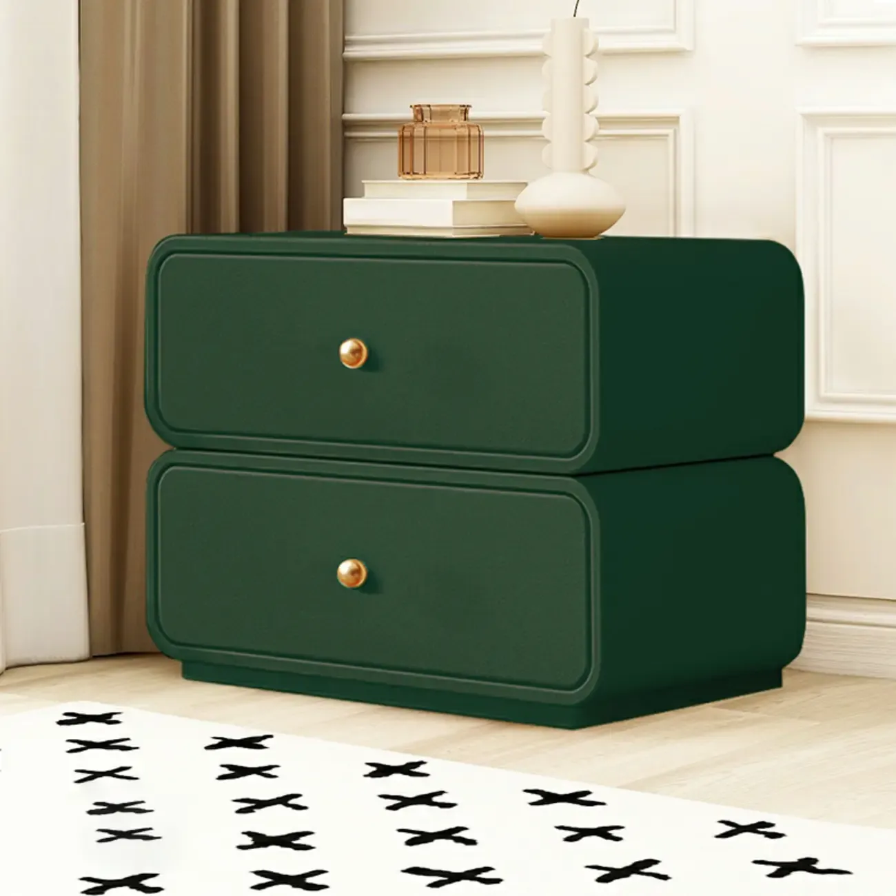 Modern White Faux Leather Rounded 2-Drawer Nightstand