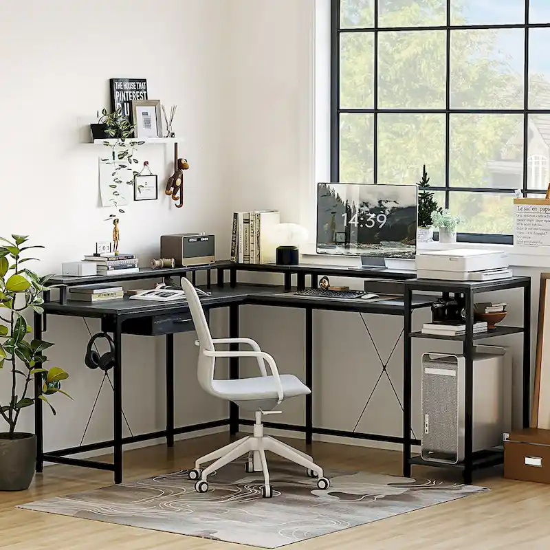 68 Home Office Desk with File Drawer & Power Outlet, LED Lights