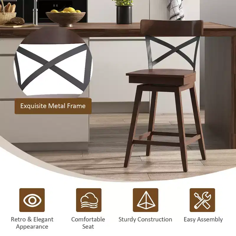 Costway Set of 4 Wooden Swivel Bar Stools Counter Height Kitchen Chairs w/ Back Brown