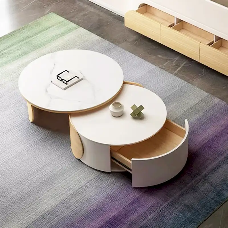 Round Coffee Table - Beige Wood with Stone Top - 31.5