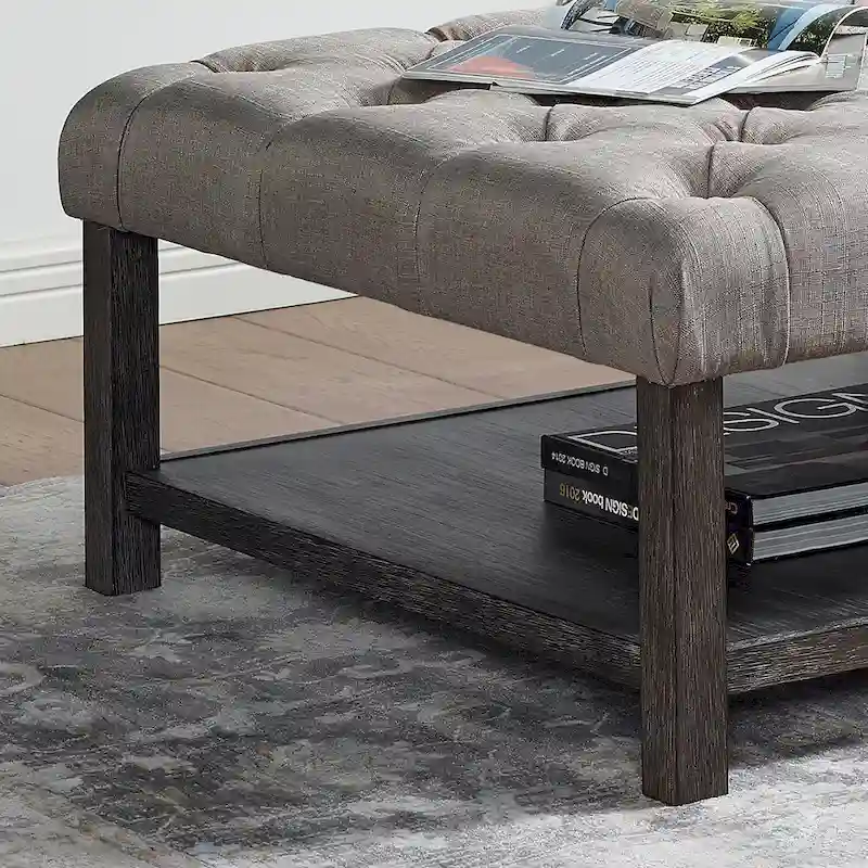 Belbeck Farmhouse Grey Fabric Tufted Square Cocktail Ottoman with Open-Shelf by Furniture of America