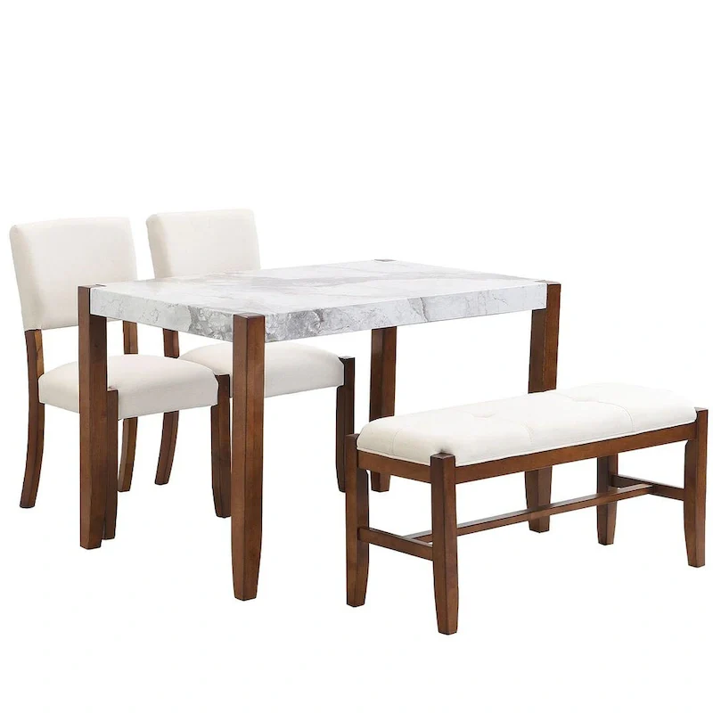 4-piece Dining Set with Faux Marble Style Table and 2 Upholstered Chairs & Bench with Wood Legs