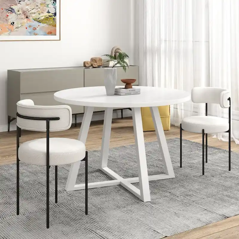 Roundhill Durban 5-Piece Round Dining Set, Trestle Dining Table with 4 Boucle Chairs