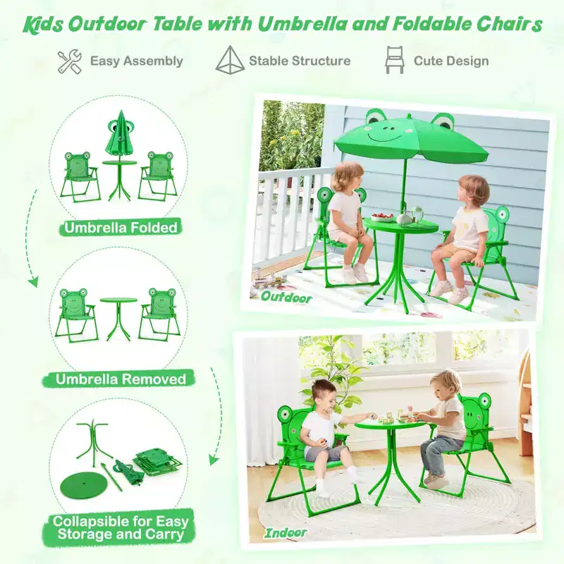Costway Kids Picnic Table & Chair Set with 2 Folding Chairs & Height Adjustable Umbrella Brown/Green/Pink