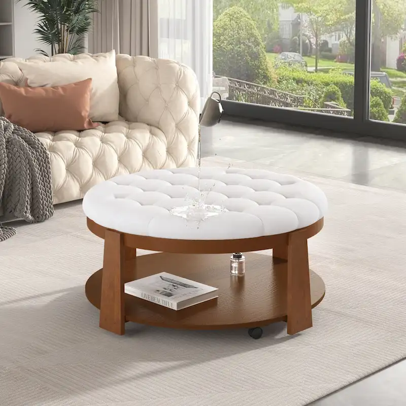 36 Round Button Tufted Upholstered Coffee Table with Wood Shelf and Wheel