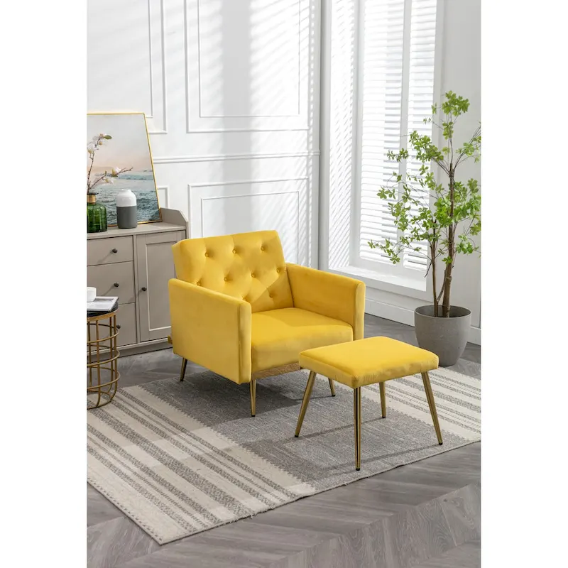 Velvet Accent Chair with Adjustable Armrests and Backrest, Button Tufted Lounge Chair, Single Recliner Armchair with Ottoman