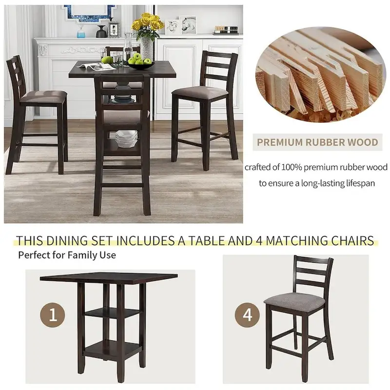 5 Piece Counter Height Square Dining Table Set with 4 Chairs