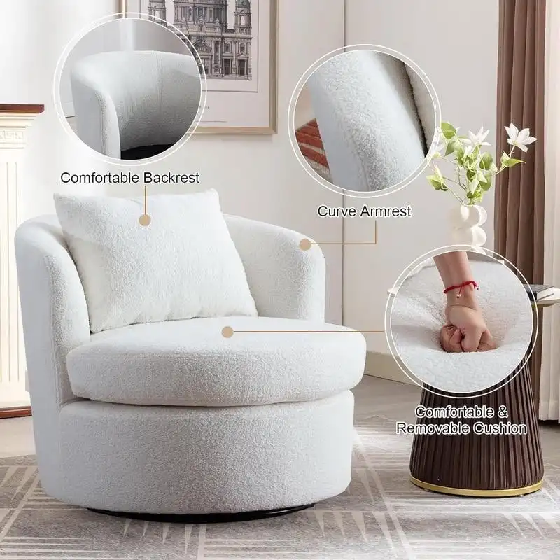 Lamb Wool Fabric Upholstered Comfy 360 Degree Round Barrel Chairs