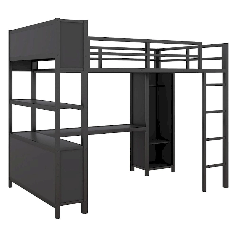 Metal Loft Bed with Wardrobe And L-Shaped Desk