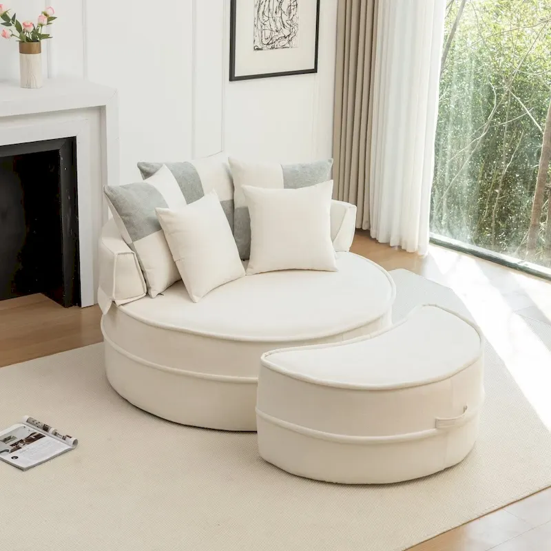 Modern Round Barrel Accent Chair with Ottoman - Velvet Lounge Sofa