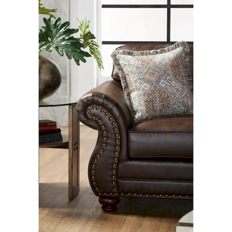 Roundhill Furniture Leinster Fabric Upholstered Nailhead Sofa and Loveseat Set in Espresso
