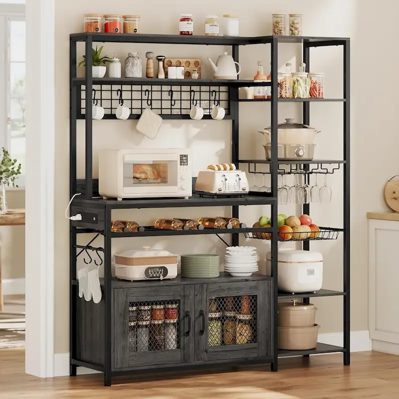 47.2 in Bakers Rack with Power Outlet Coffee Bar with Cabinet