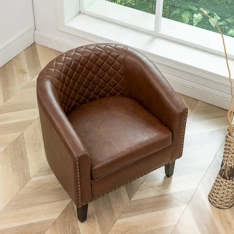 KINWELL PU Leather Tufted Barrel Chair Club Armchair with Nailheads