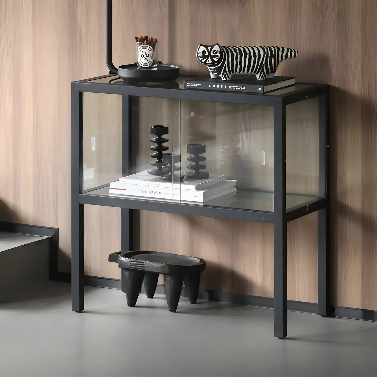 Modern Black Glass Display Cabinet with Metal Frame