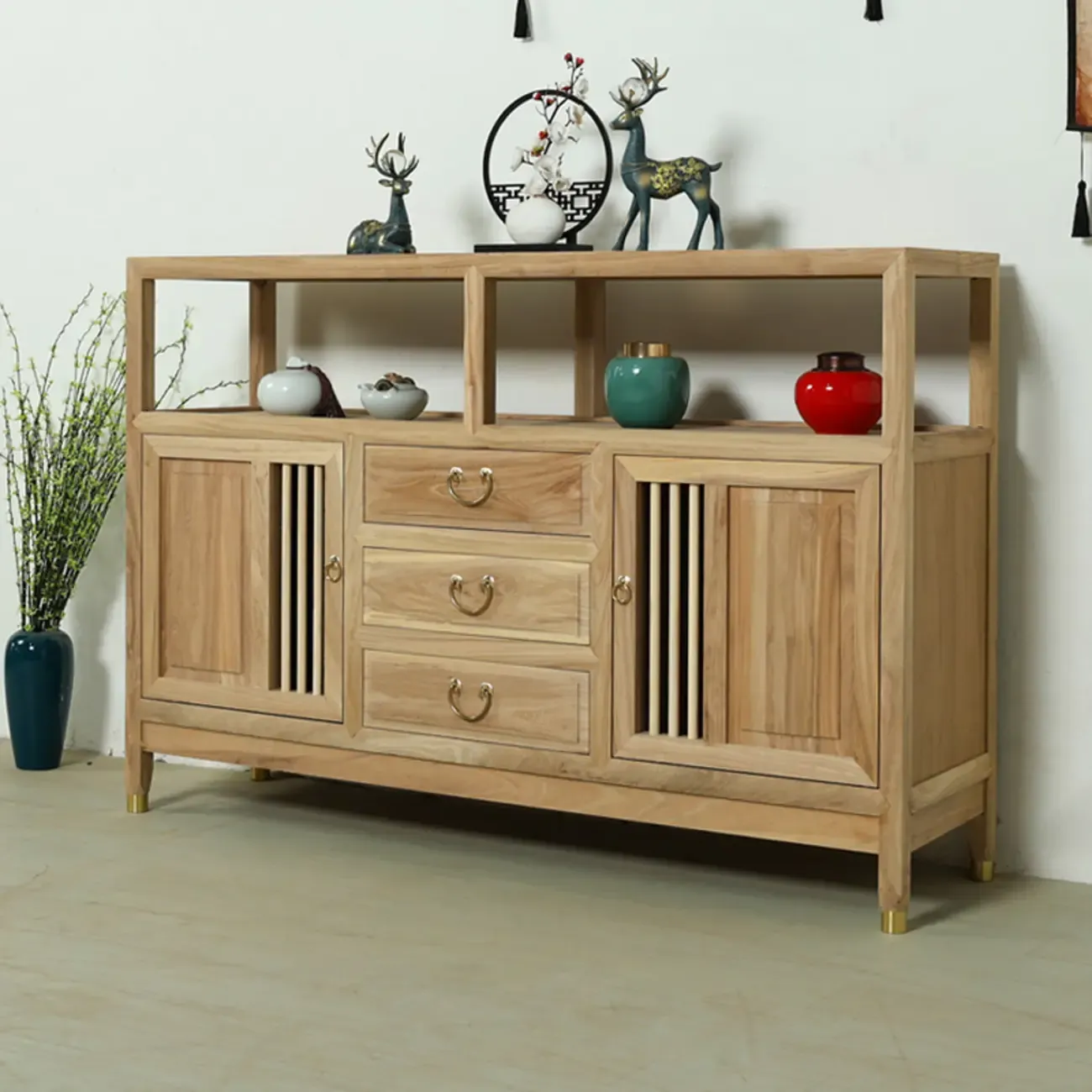 Natural Finish Wood 2-Shelf Sideboard with Drawers