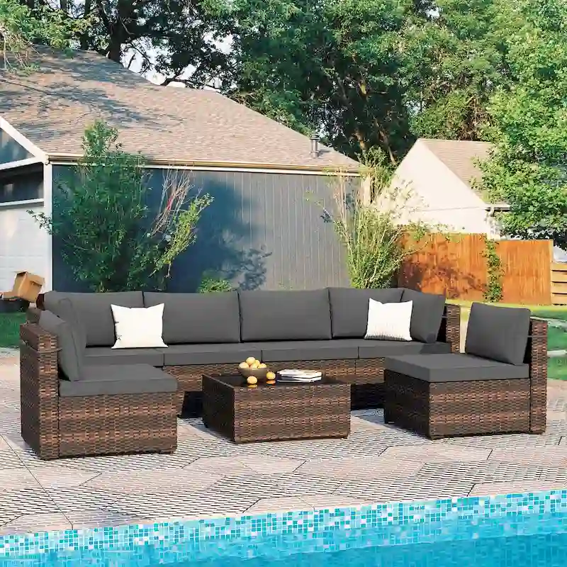 Patio Watcher Morden Outdoor 7-Piece Rattan Wicker Sectional Set Suit for Backyard