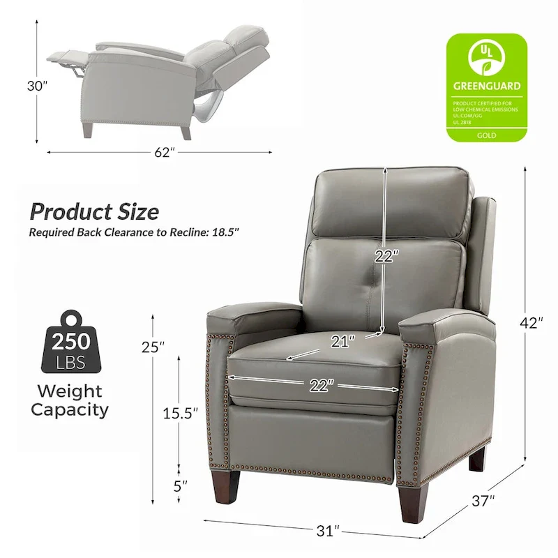 Gaspar Mid-Century Modern Genuine Leather Pushback Recliner with Wood legs Set of 2 by HULALA HOME