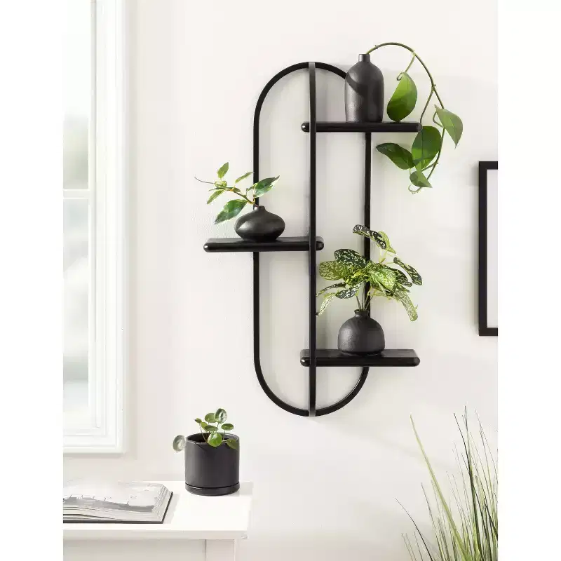 3-Tier Arched Floating Wall Shelf – Black Metal & Wood, 18x5.5x30 in