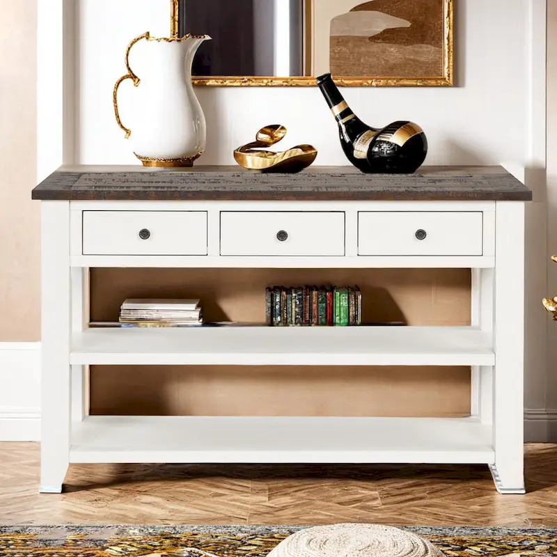 48 Solid Pine Wood Top Console Table, Modern Entryway Sofa Side Table with 3 Storage Drawers and 2 Shelves. Easy to Assemble