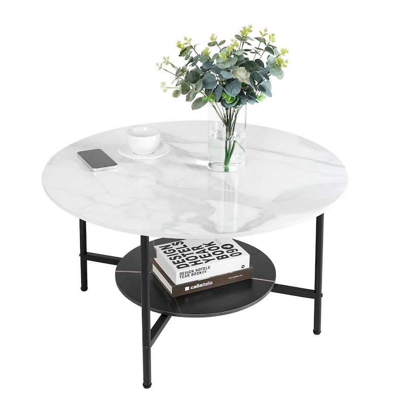 Modern Coffee Tables Round 2 Tier Sintered Stone Tabletop - 31.5 W x 18.7 H