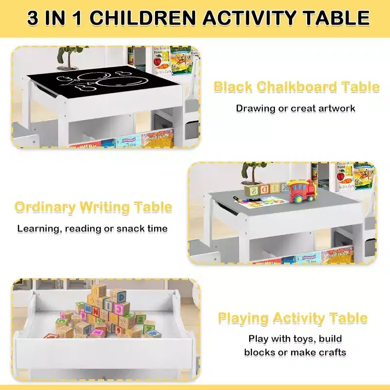 Kinder King 3-in-1 Kids Table & 2 Chairs Set with Storage, Removable Top & Blackboard, for Art, Crafts, Reading