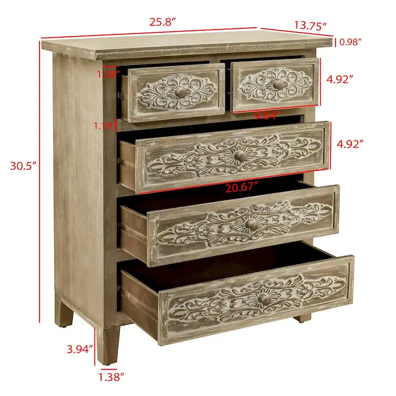 Hand-Carved Accent Cabinet with 5 Drawers