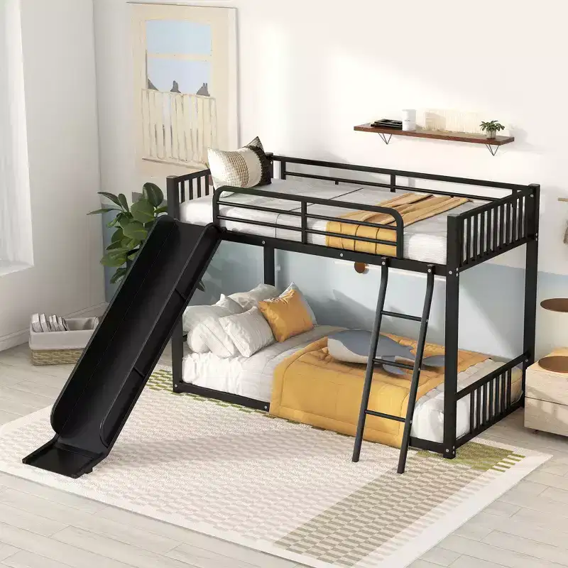 Modern Style Twin over Twin Metal Bunk Bed with Slide, Easy to Assemble