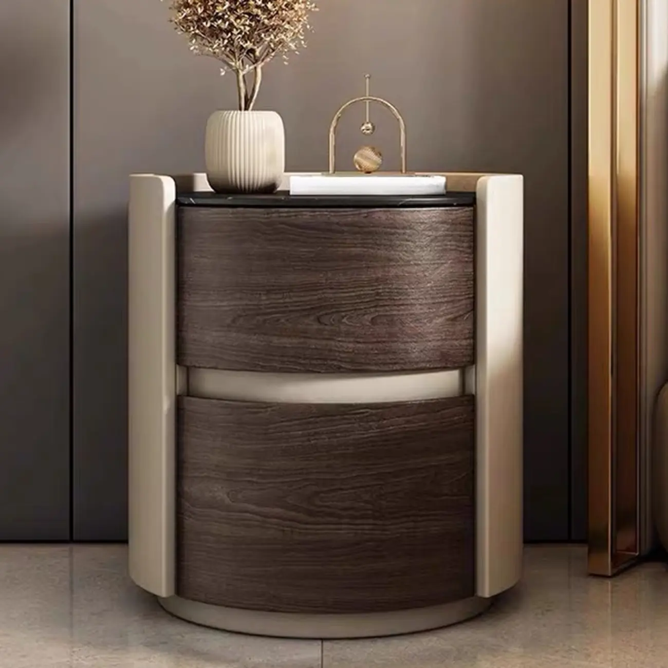 Narrow Pine Wood Soft-Close 2 Tier Round Bedside Table