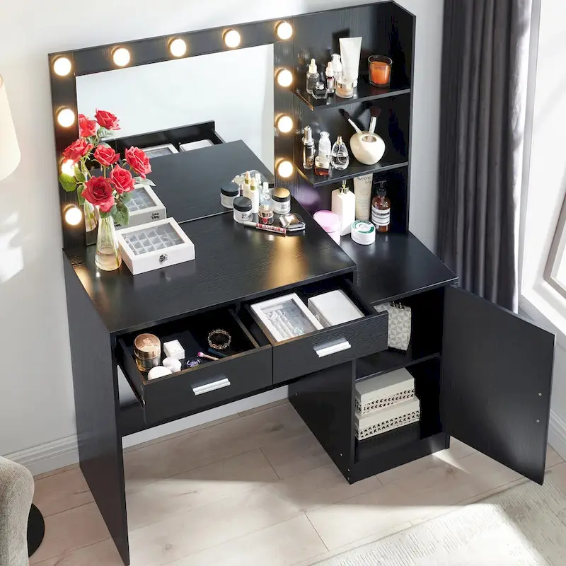 Roomfitters Vanity Desk with Lighted Mirror, Dressing Table with 2 Drawers and Storage, Makeup Table with Open Storage