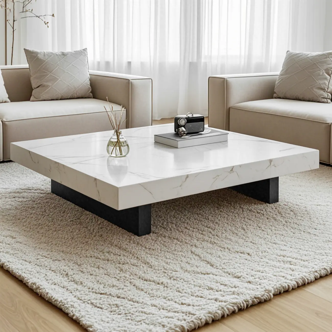 Modern Beige Sintered Stone Square Sleigh Base Coffee Table