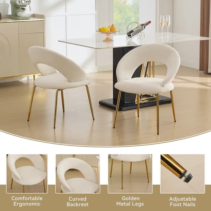 Velvet Dining Chair with Curved Backrest - Gold Legs - Single Seat