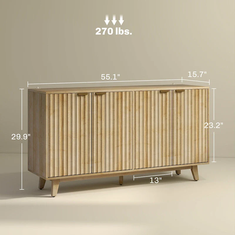 Fluted Sideboard Buffet Cabinet, 55 Modern Accent Console Cabinet with 4 Doors, 2 Adjustable Shelves and 5 Wood Legs