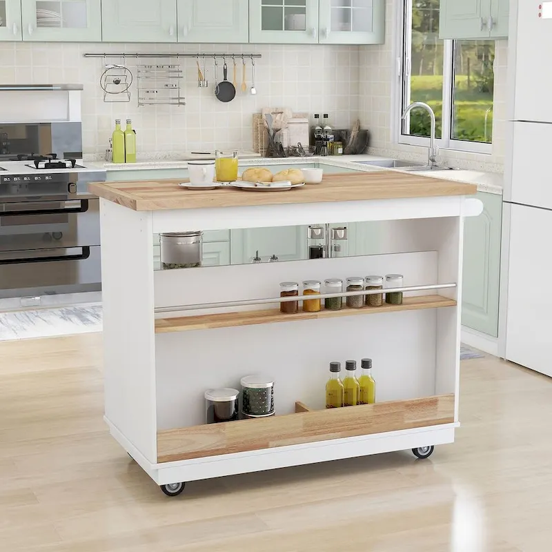 Kitchen Island on Wheels with Open Compartments and 2 Drawers