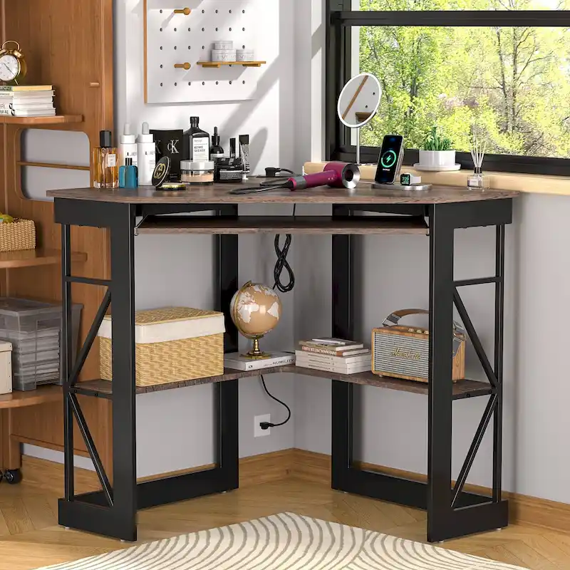 Corner Desk Small Desk with Outlets Corner Table for Small Space, Computer Desk with USB Ports Triangle Desk with Storage