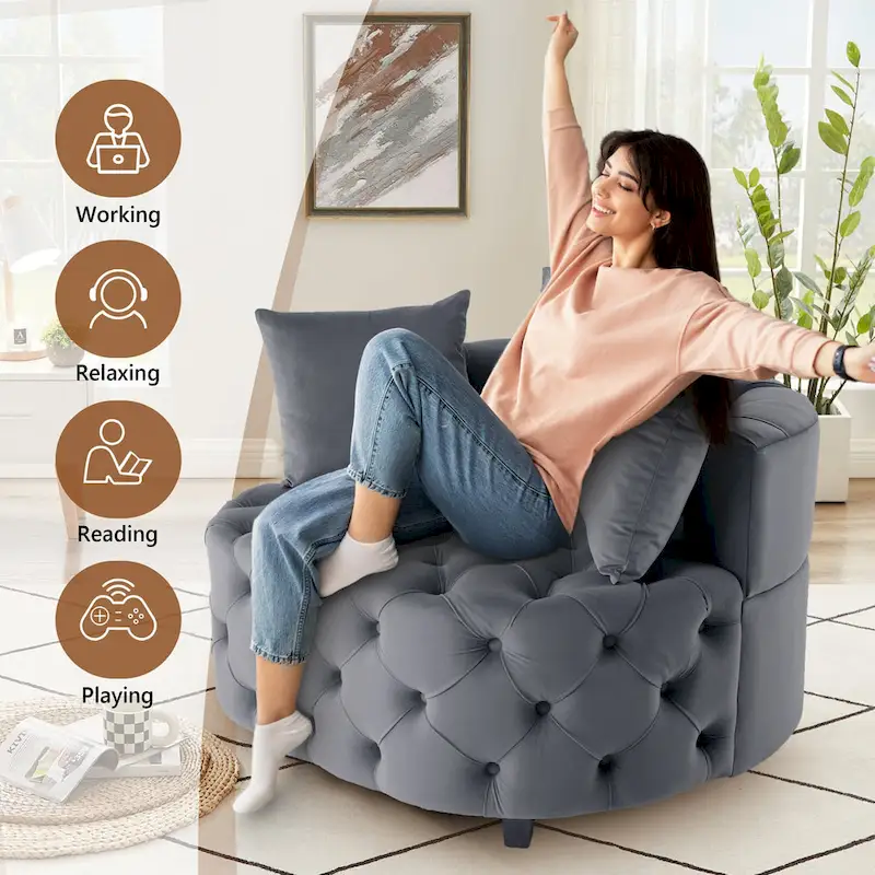 Velvet Modern Leisure Big Classical Barrel Chair with 2 Pillows