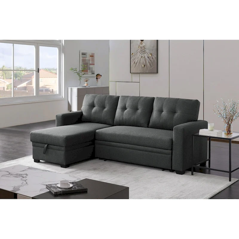 Upholstered Pull Out Sectional Sofa with Chaise - 82W x 53D x 34.5H