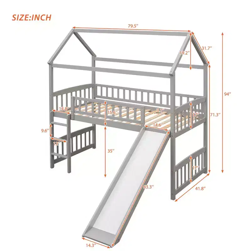 Twin House Loft Bed with Slide, Wood Playhouse Loft Bed Frame with Ladder and Roof