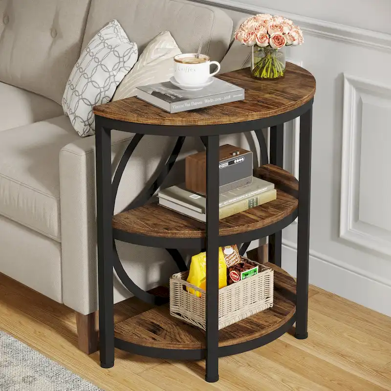 Half Round End Table, 3-Tier Narrow Side Table