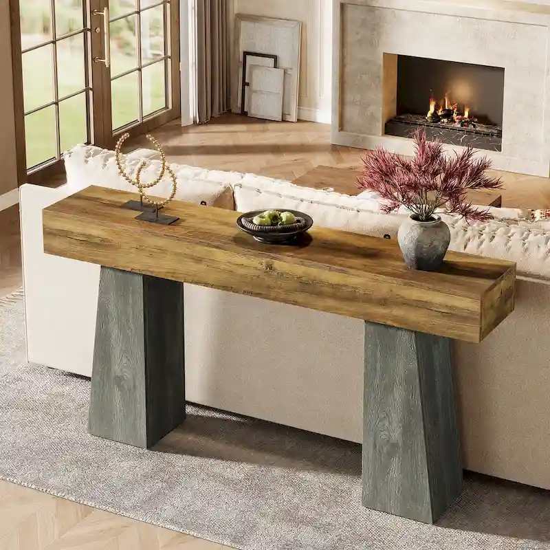 Farmhouse Entryway Table, 63-Inch Long Wooden Sofa Console Table