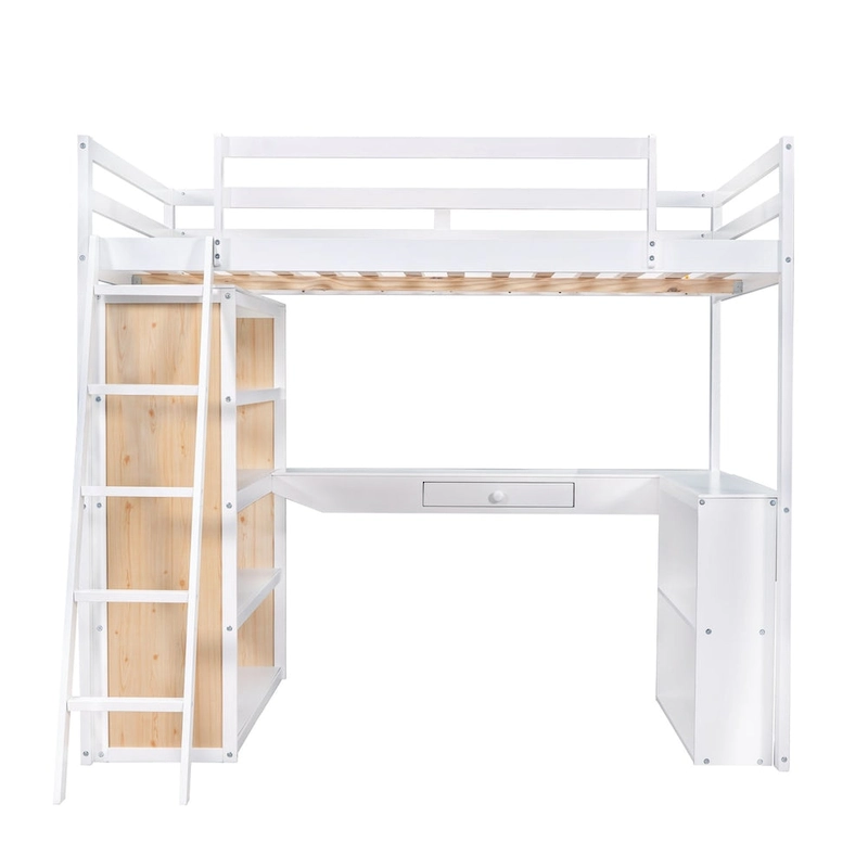 Loft Bed with Desk, Shelves, Drawer, and Ladder, Full-Length Guardrail
