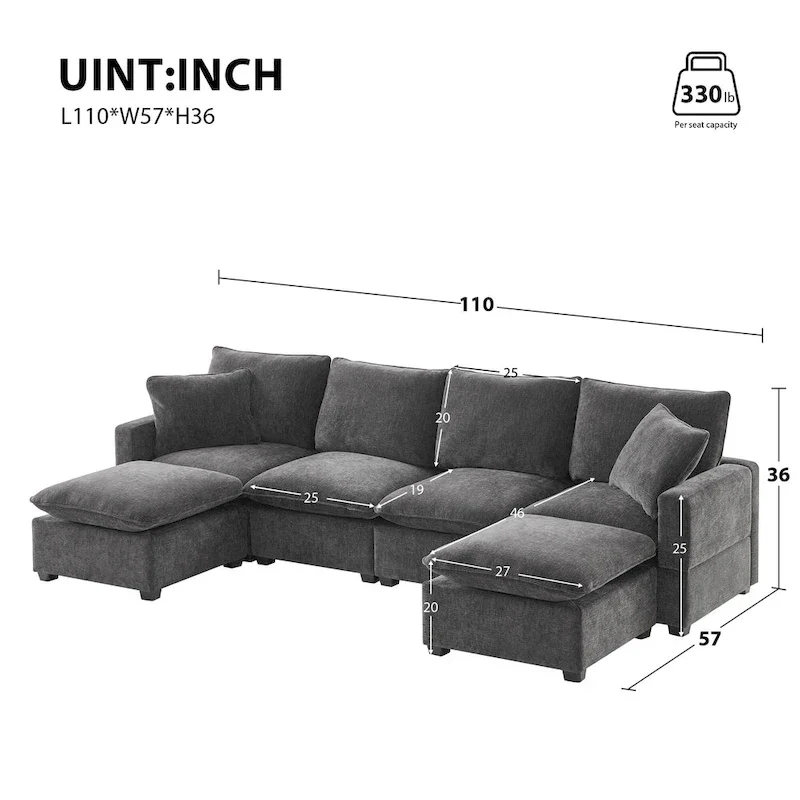 U Shape Modular Sofa, 6 Seat Chenille Deep Seat Sectional Couch