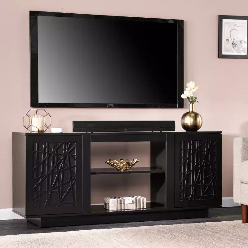 Black Media Console with 6-Shelf Storage, Push-to-Open Doors