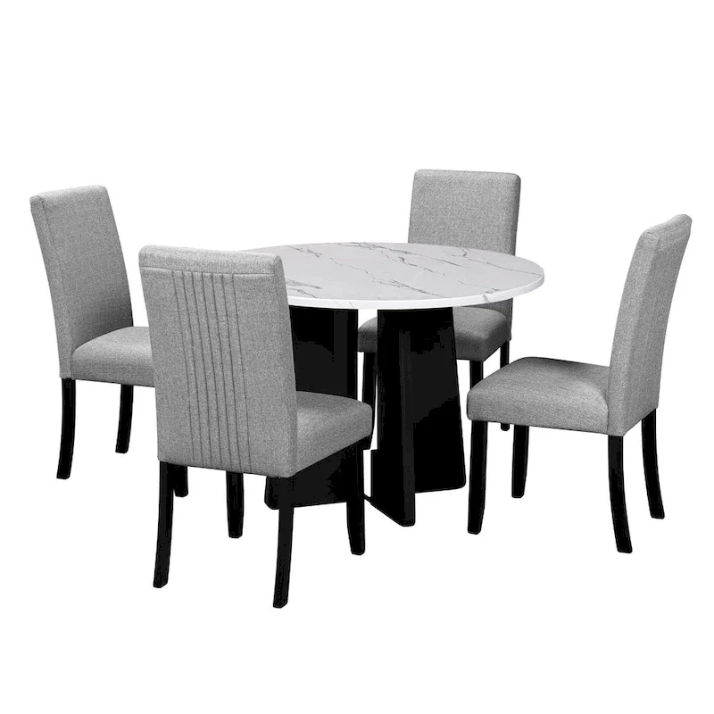 5 Piece Kitchen Table and Chairs Set, 4 People Round Dining Table Set, 4 Upholstered Chairs with Rubber Wood Legs