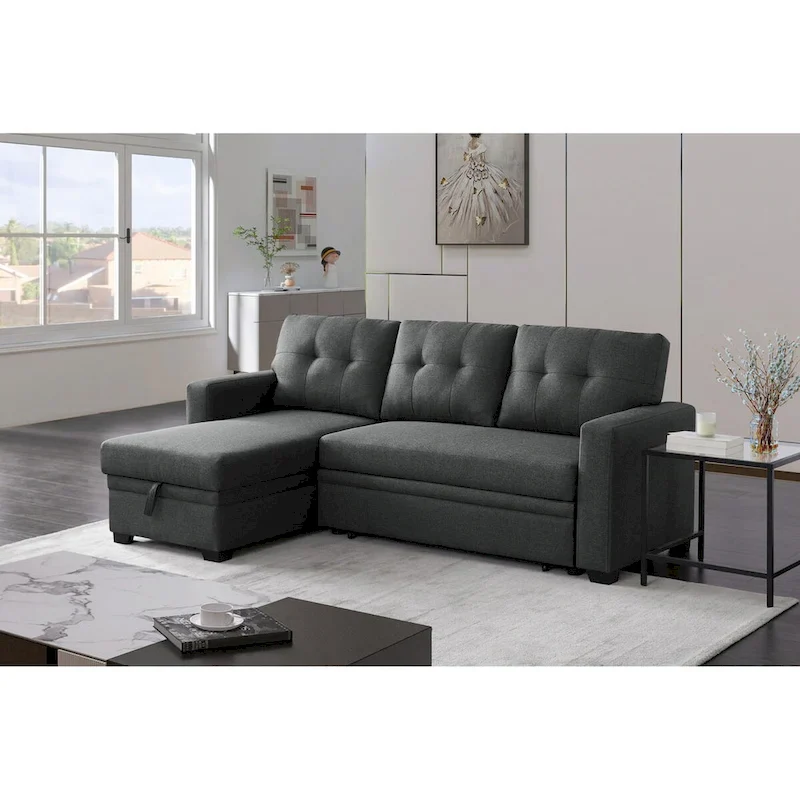 Upholstered Pull Out Sectional Sofa with Chaise - 82W x 53D x 34.5H