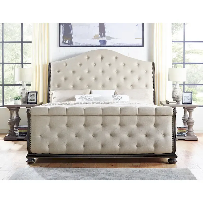 Beige Polyester Button-Tufted Sleigh Bed – King/Queen