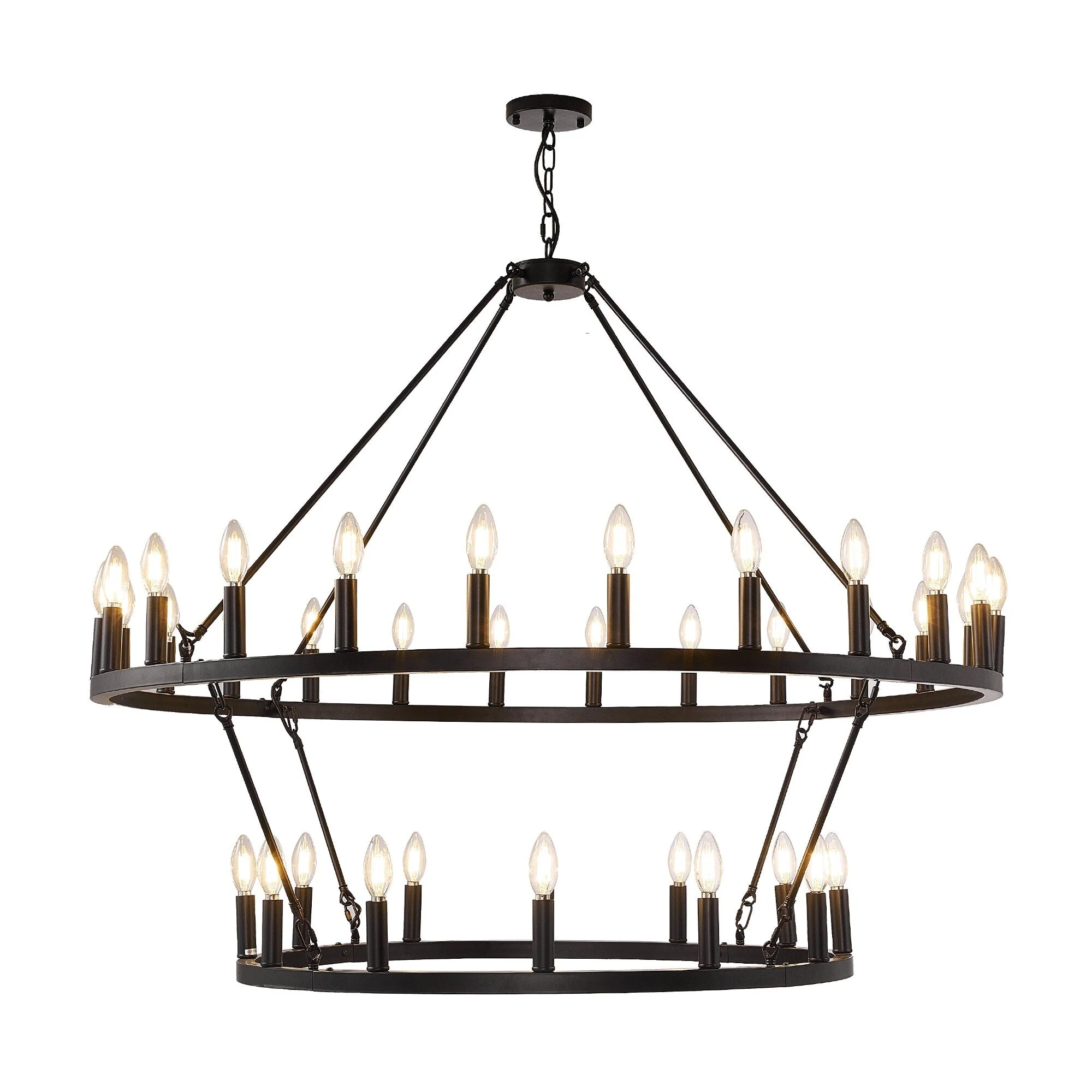 Modern Farmhouse Chandelier 2 Tier Round Wagon Wheel Chandelier Large High Ceiling Light.