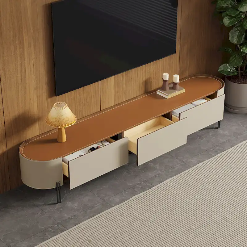 86.6 Leather TV Stand, Modern Entertainment Center with 3 Drawers