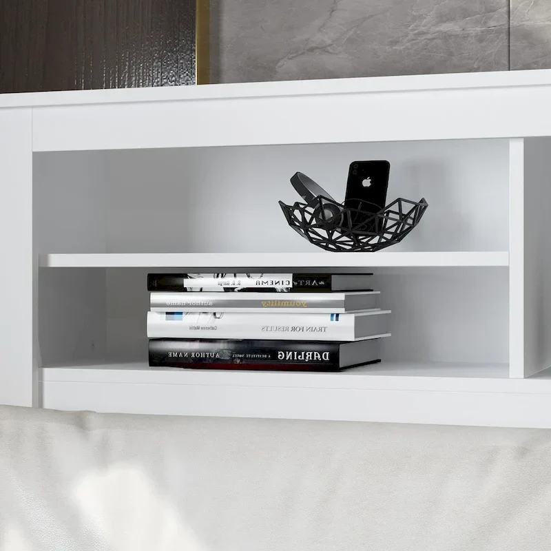 White Bookcase Headboard with RGB LED Lights and Adjustable Shelves – Queen, Single Bed