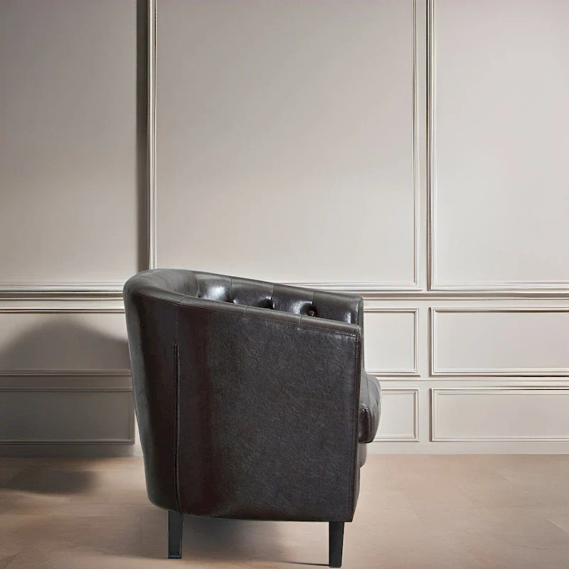 Midcentury Modern Button Tufted Faux Leather Barrel Loveseat - Comfy Tub Loveseat Sofa