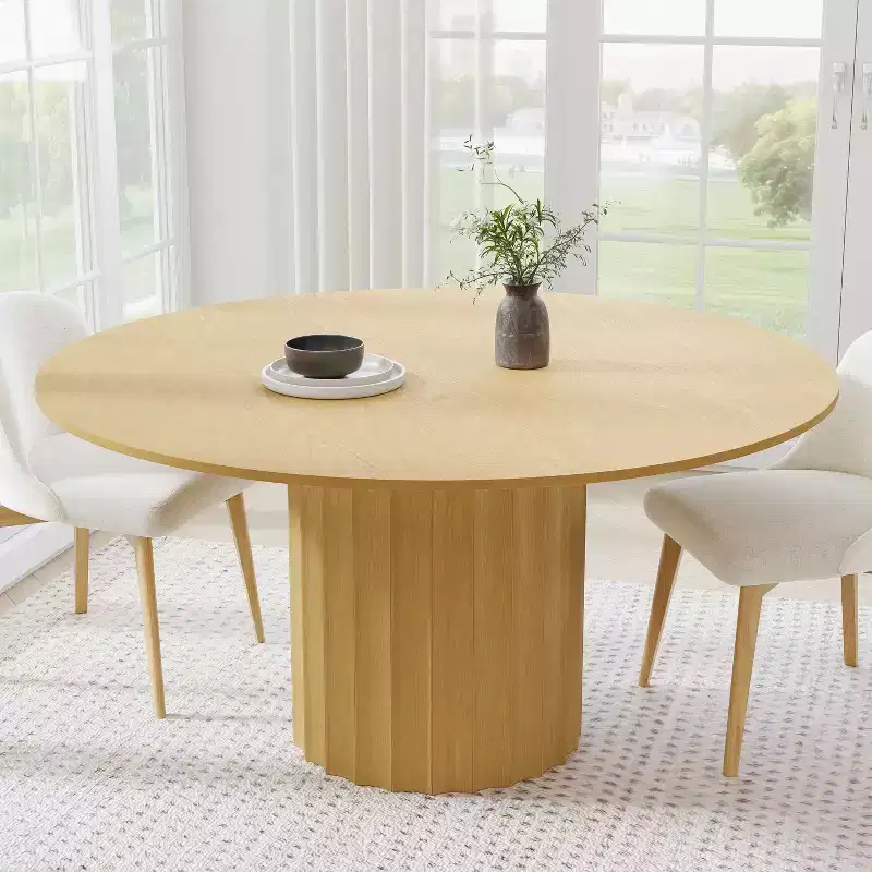 PexFix 60 Solid Wood Round Dining Table Kitchen Table for 6-8 with Tabletop and Fluted Cylindrical Base for Living/Dining Room Coffee Office Natural